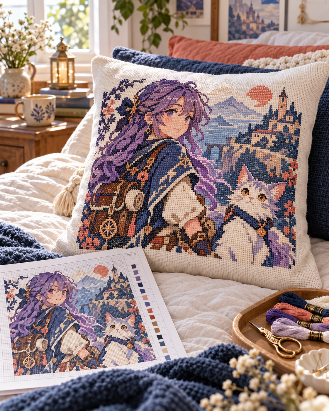 Peça bordada com motivos da coleção Anime em Ponto Cruz